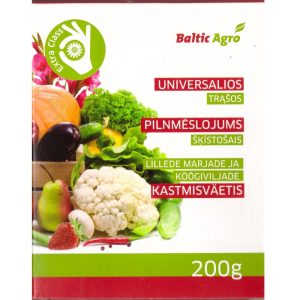 Universalios tirpios trąšos (raudoni milteliai) daržovėms, gėlėms, braškėms NPK 14-11-25 + mikro 200 g BA.