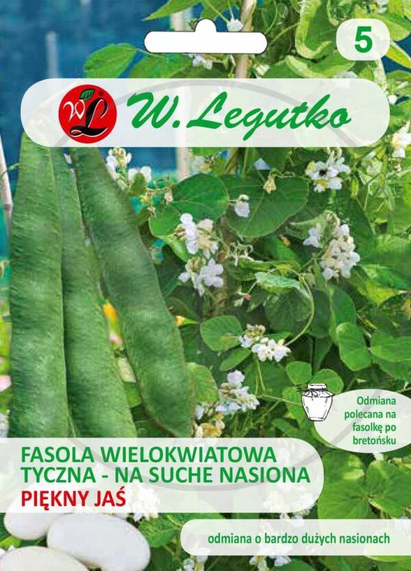 Raudonžiedės pupelės baltais žiedais (vijoklinės), gliaudomos baltos didelės pupelės maistui 'PIEKNY JAS' 40 g L. NAUJIENA 2023 m.